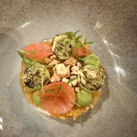 Kimchi sushi rijst avocado crème gebrande cashewnoten 
Komkommer gebrand met zeewater  at Restaurant 1487 in Zevenaar