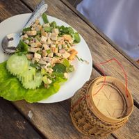 Larb with sticky rice, very good at Green Restaurant in Vang Vieng