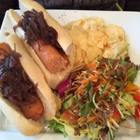 Vegan Cumberland Sausage baguette with onion marmalade  at Greens Cafe in Grasmere