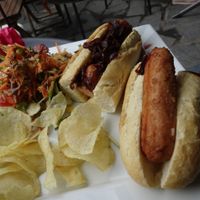 Sausage rolls with red onion chutney and salad at Greens Cafe in Grasmere