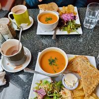 Vegan cheese and tomato toasties, lentil soup, salad with vegan coleslaw, crisps and oat hot chocolate! at Greens Cafe in Grasmere
