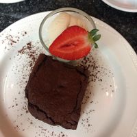 Chocolate brownie and vegan ice cream  at Greens Cafe in Grasmere