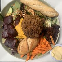 Buddha bowl with curry-flavour hummus  at Greens Cafe in Grasmere