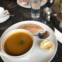 Carrot and Ginger Soup with warm bread and vegan spread  at Greens Cafe in Grasmere