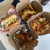 Left to right, top to bottom: famous style fries, chickUn cordon bleu, tater tot al fresca, wingalings (Korean sesame)  at Odd Burger in Calgary