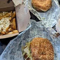 Burger and chicken sandwich with poutine fries at Odd Burger in Calgary