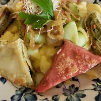 Vegan Maultaschen with a potato and cucumber salad at Herrenkeller in Ulm