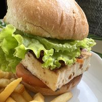 Tofu tiki burger  at Tiki Ma'a in Moorea