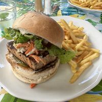 Vegan tofu burger with fries  at Tiki Ma'a in Moorea