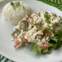 Special made to order, not on the menu, poisson cru with tofu instead of tuna  at Tiki Ma'a in Moorea