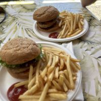 Vegetable patty burgers (coleslaw was replaced with sweet chili sauce, as it contains egg and staff asked me about changing it)  at Tiki Ma'a in Moorea