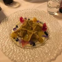 Walnut flour ravioli, pear, potatoe at Cuculia in Florence