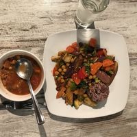 Soup of the day and spicy eggplant (gluten-free) at Vegetarian Haven in Toronto