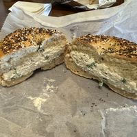 Everything bagel with scallion vegan cream cheese  at Shug's Bagels in Dallas