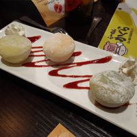 Dessert: vegan mochi (beware of the whipped dairy cream) at Ramen Kagura - Avenida de América in Madrid