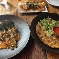 Korean Vegetable Pancake, patatas bravas, and Broccolini with Gochujang  at Blackback Pub in Waterbury
