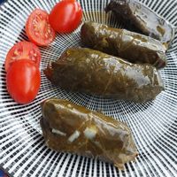 Stuffed vine leaves (with rice, lemon and herbs inside) at La Scala in Santorini