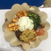 Rice with a variety of sides from the buffet at Kehidupan Tidak Pernah Berakhir in Bandung