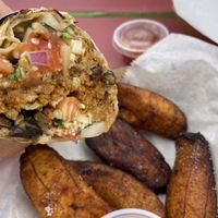 Lentil Chorizo Burrito and Plantanos Majuros at The Grey Eagle Taqueria in Asheville