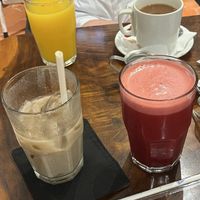 mixed juices, tea and iced chai with oat milkk  at A Page in the Sun in Puerto Vallarta