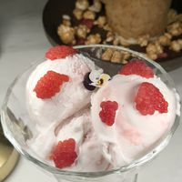 coconut milk lychee icecream with raspberries at Luna Lu in Sydney