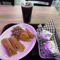 Tamales w/ Rice & Beans; Cali Burrito; Jamaica Agua Fresca #Veganuary at Viva Vegan Diner in Upland