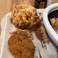 Kakiage (back), Gyozas & Pumpkin Korokke (front)  at Marugame Udon in Bromley