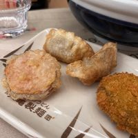 Sweet potato (left), Gyozas (back), Pumpkin Korokke (right)  at Marugame Udon in Bromley