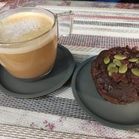 Vegan cappuccino and muffin at A la Antigua in Bogota
