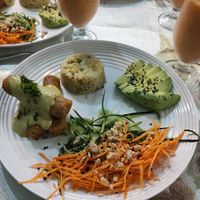 Menu of the day - main dish, served with smoothie. Also comes with desert (cupcake) at A la Antigua in Bogota