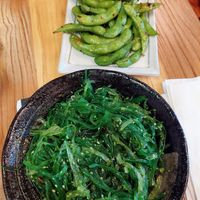 Seaweed salad, large portion, and edamame. You will need some extra napkins for the beans since they have
 oil & seasoning at Takkii Ramen in West Reading