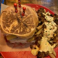 vegan macumba burger with loaded fries   at Rockabilly Burger Bar - Las Canteras in Gran Canaria