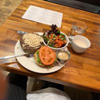 Black bean burger and fire pot chai latte with oat milk   at Frothy Monkey in Birmingham