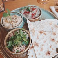 Mezze=couscous, Hummus and baba ganoush. at Vita Rama in Sofia
