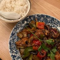 vegan black bean chicken with steamed rice at Dim T in Loughton