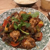 Plant-based Chicken in Black Bean sauce with boiled rice   at Dim T in Loughton