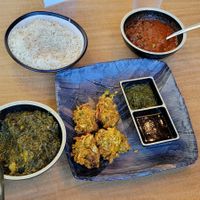Veggies Pakora. Tofu saag. Mushroom vindaloo. So good. at Great Taste Indian and More in Highlands Ranch