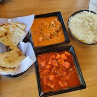 Naan bread, Top is the tikka masala, bottom is vindaloo (with fried tofu and sweet potatoes) at Great Taste Indian and More in Highlands Ranch