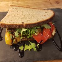 Vegan hummus antipasti sandwich at Kaffeerösterei Martermühle in Assling