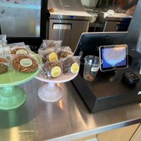 Counter with baked goods for sale at Mother Juice in Cambridge