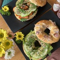 Vegan Cream Cheese & Salmon from carrots + Vegan Cream Cheese and Avocado  at Bagels 'n Eggs in Phu Quoc