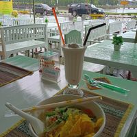 Sukhothai noodle soup and coconut shake. at Chanda's Historical Garden Restaurant - อาหารสวนประวัติศาสตร์ in Sukhothai