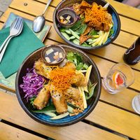 Two main dishes, top one is with tofu and bottom one is with spring rolls. at Greentable in Hamburg