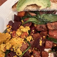 Tofu scramble and vegetable hash with sweet potatoes, beets, carrots, onion, avocado 🥑 and sourdough toast  at Blue's Egg in Milwaukee