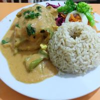Caigua rellena with salad and brown rice at Restaurante Vegetariano Naturaleza y Salud in Lima