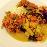 Buffet, all you can eat for 9 euro.
 at Loving Hut in Helsinki