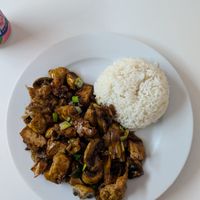 Mushroom tofu dish at Loving Hut in Helsinki