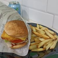 V chicken with mortadelle and cheese. Fries, sauce and drink. All of this for 10€ at Míleljos Vegan in Alicante