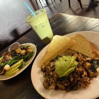 Super yummy tofu scramble with sourdough, Spinach Salad and matcha!! Great find! 😍  at Cafe Maggie in Tucson