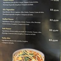 Menu at Delhi Magic in Rio De Janeiro